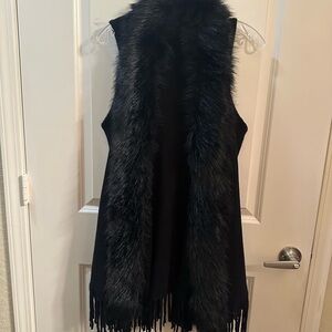 Long Black fur trimmed sweater vest with fringe